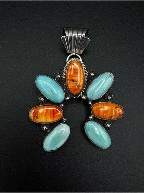 Navajo Artisan Signed Turquoise and spiny Oyster Pendant